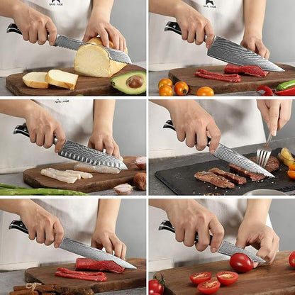 Damascus Kitchen Knife Set with Block, 9-Piece 67-Layer VG10 Damascus Steel Knife Set with Triple-Rivet Handles, Chef, Santoku, Utility, Bread & Paring Knives, Sharpener, Shears, Grey