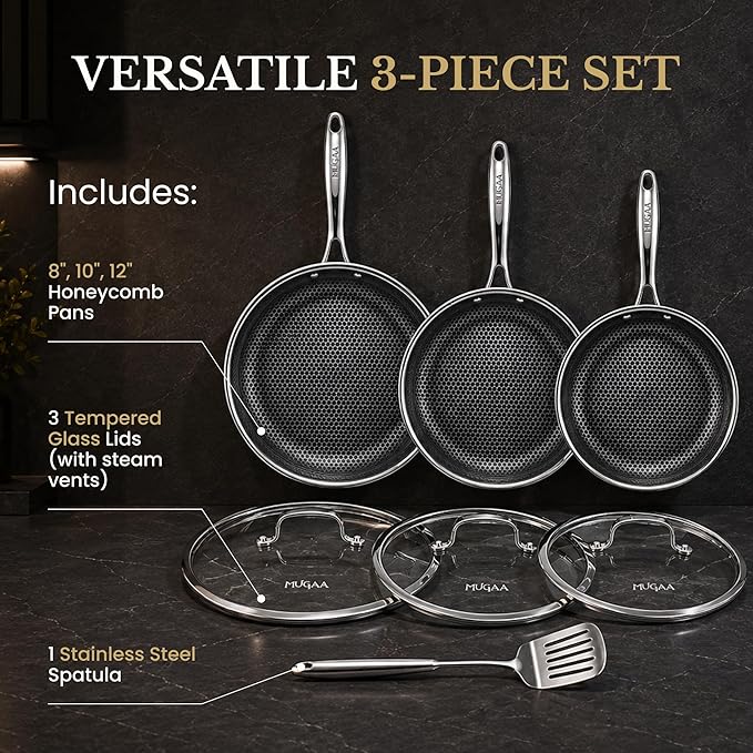 Honeycomb Stainless Steel Nonstick Frying Pan Set - with Lids and Spatula - 8 10 12 Inch Hybrid Pan - Induction Compatible - PFOA-Free - Oven Safe - Dishwasher Safe Skillet