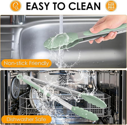 Hotec Mini Silicone Kitchen Tongs for Cooking - 7-Inch Small Serving Tongs with Silicone Tips, Set of 3 (Light Green)