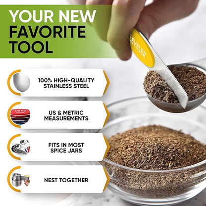 Spring Chef Magnetic Measuring Cups & Spoons Set, Patented, Strong N45 Magnets, Heavy Duty Stainless Steel Fits in Spice Jars for Baking & Cooking, BPA Free, Set of 15 with Leveler, Multicolor