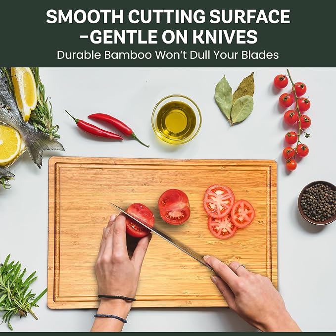 Bambüsi Large 16 Inch Bamboo Cutting Board with Juice Groove and Handles - Heavy Duty Butcher Block for Kitchen, Meat, Cheese, Vegetables, Food Prep and Serving