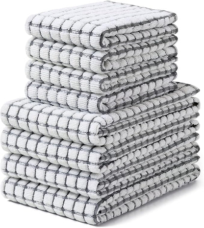 Homaxy Kitchen Towels and Dishcloths Set, 16 x 25 and 12 x 12 Inches, Set of 8 Cotton Terry Kitchen Dish Towels, Super Soft and Absorbent Dish Cloths, Grey