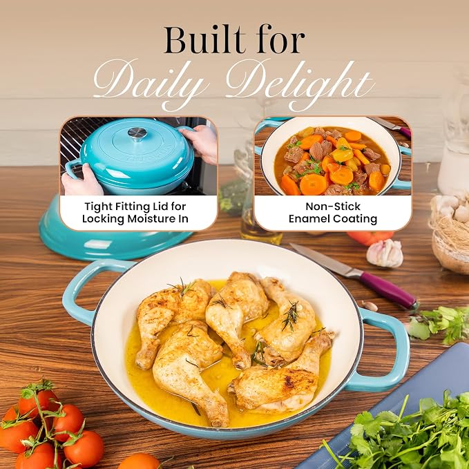 Shallow Cast Iron Casserole with Lid – Non Stick Dutch Oven Pot, Oven Safe up to 500° F – Sturdy Ovenproof Stockpot Cookware – Enamelled Cooking Pot – Blue, 3.7-Quart, 30cm – by Nuovva