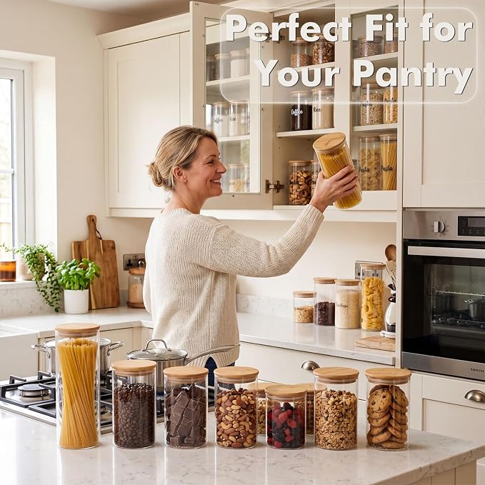 3-Pack 2Qt Round Glass Spaghetti Jars with Bamboo Lids | Minimalist Kitchen Organizer,Scandinavian Style Storage,Nordic Style Storage,Food Storage Canister for Pasta, Penne, Macaroni