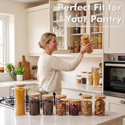 3-Pack 2Qt Round Glass Spaghetti Jars with Bamboo Lids | Minimalist Kitchen Organizer,Scandinavian Style Storage,Nordic Style Storage,Food Storage Canister for Pasta, Penne, Macaroni