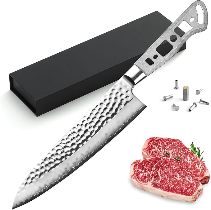 KATSURA Woodworking Project Kit – Japanese Premium AUS 10, Hammered 3-Layer Forged Steel – Classic Style Handle – NO LOGO (8-in with 50mm wide blade Gyuto Chef Knife Blank)