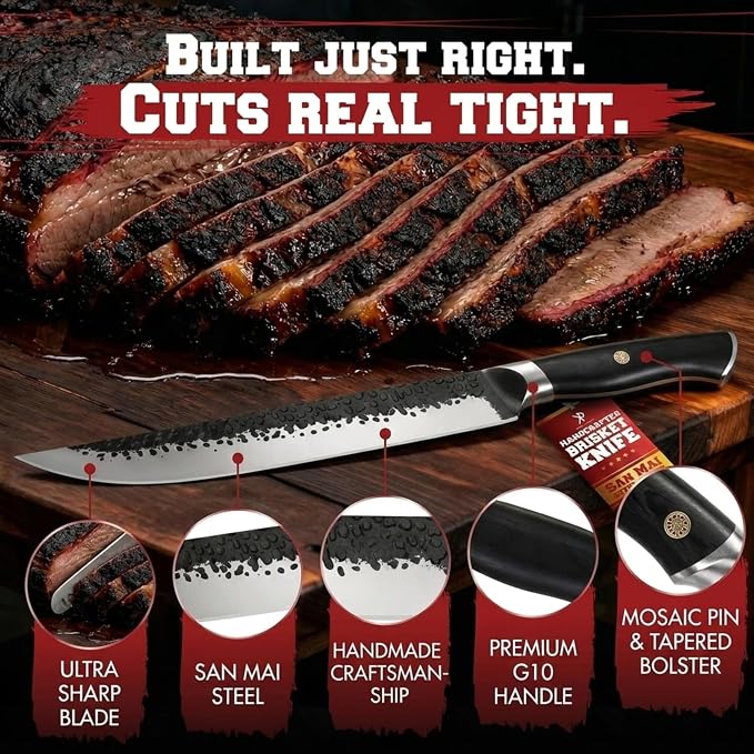Kitchen perfection 12" Handmade Brisket Knife, Meat Cutting Carving & Slicing BBQ Knife For Men – Insanely Sharp San Mai Steel, W/Leather Sheath Premium Ergonomic Handle, Best Grilling Gifts for Men