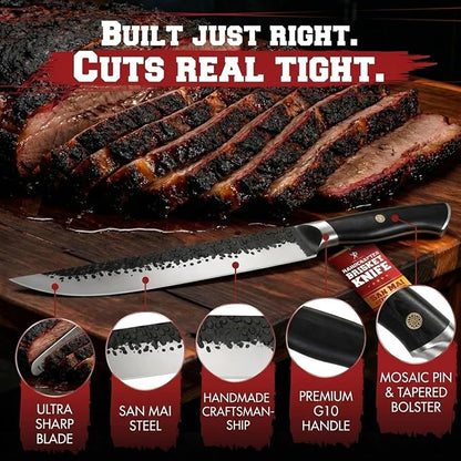 Kitchen perfection 12" Handmade Brisket Knife, Meat Cutting Carving & Slicing BBQ Knife For Men – Insanely Sharp San Mai Steel, W/Leather Sheath Premium Ergonomic Handle, Best Grilling Gifts for Men