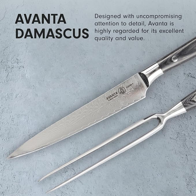 Messermeister Avanta Damascus Kullenschliff Carving Set - Includes 8” Carving & Slicing Knife + 7” Fork - Japanese Damascus Stainless Steel - Pakkawood Handle - Rust Resistant & Easy to Maintain