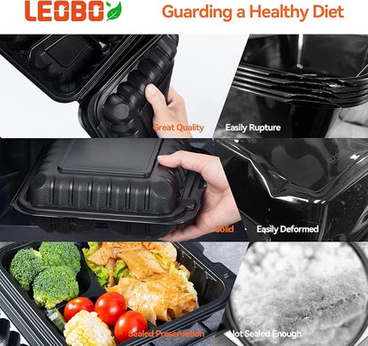 55-Pack 8x8 34oz Black To Go Containers – Shrink Wrapped No Pre-Wash | 3-Compartment Sanitary Sealed BPA-Free Heavy Duty Clamshell | Microwave Freezer Safe, Leak-Proof Meal Prep & Leftover Boxes