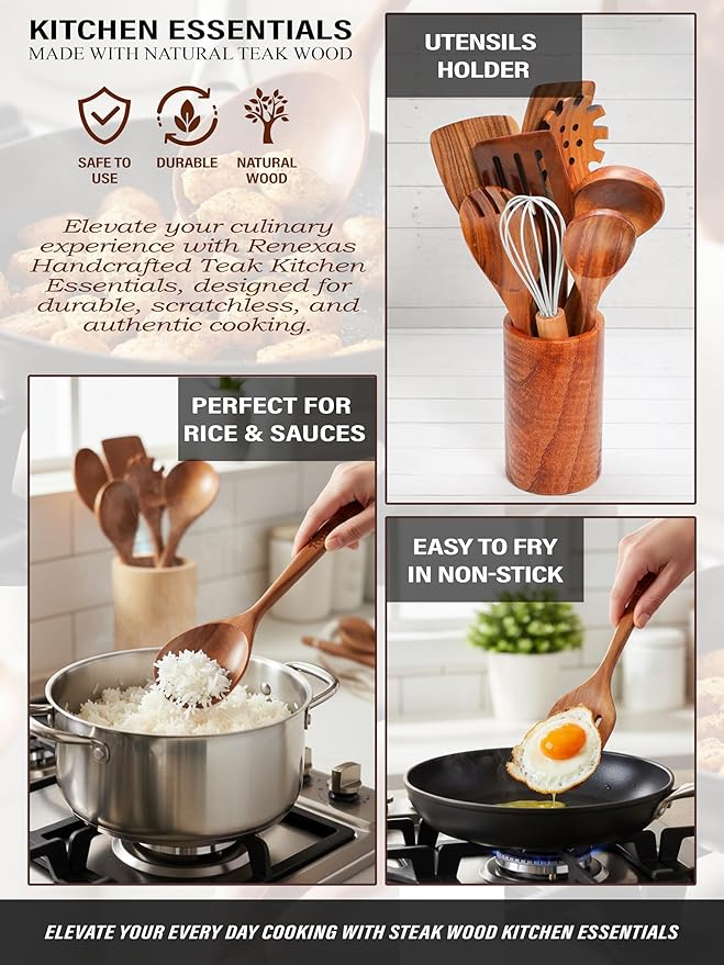 12-Piece Teak Wooden Kitchen Utensil Set – Nonstick Safe Cooking Spoons & Spatulas, Heat Resistant, Durable Natural Wood, Comfortable Grip Handles