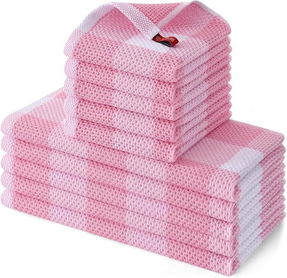 Homaxy Kitchen Towels and Dishcloths Set, 12 x 12 and 13 x 28 Inches, Set of 10 100% Cotton Waffle Weave Check Plaid Kitchen Dish Towels, Super Soft and Absorbent Dish Cloths, White & Pink