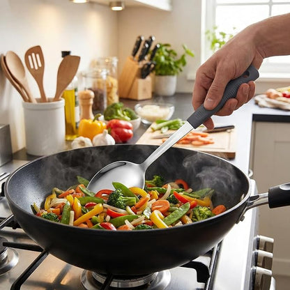 Metal Serving Spoons Set, Large Serving Spoons with Silicone Handles, Stainless Steel Serving Spoon, Slotted Spoon & Soup Ladle Set for Buffet and Home Kitchen (Dark gray)