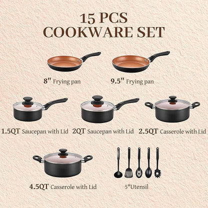 BECIGAR Ceramic Pots and Pans Set, 15PCS Nonstick Set Ceramic Cookware Set, Nonstick Pan Pots and Pans Set Non Stick Cookware set (With-Induction)