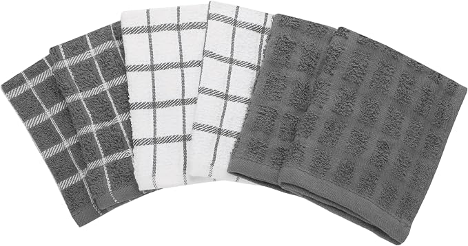 Ritz Terry Check Dish Cloth Set: Highly Absorbent & Super Soft - 100% Cotton, Durable Kitchen Cleaning Cloths for Wiping Tables and Counters, 6-Pack, Gray