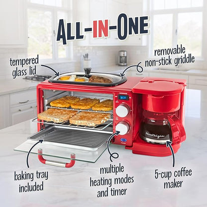 Nostalgia 3-in-1 Retro Breakfast Station - Includes 5 (4 Oz) Cup Coffee Maker, Non-Stick Ceramic Griddle, and 4-Slice Toaster Oven - Built-In Timer, Reusable Coffee Filter, Space-Saving Design - Red