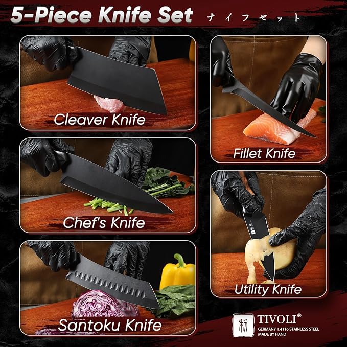 TIVOLI Kitchen Knife Set 5pcs - Chef Knife Set with Full Tang Wooden Handle - Cleaver, Boning, Fillet, Santoku, Kitchen Utility Knives - Cooking Gifts for Men and Women