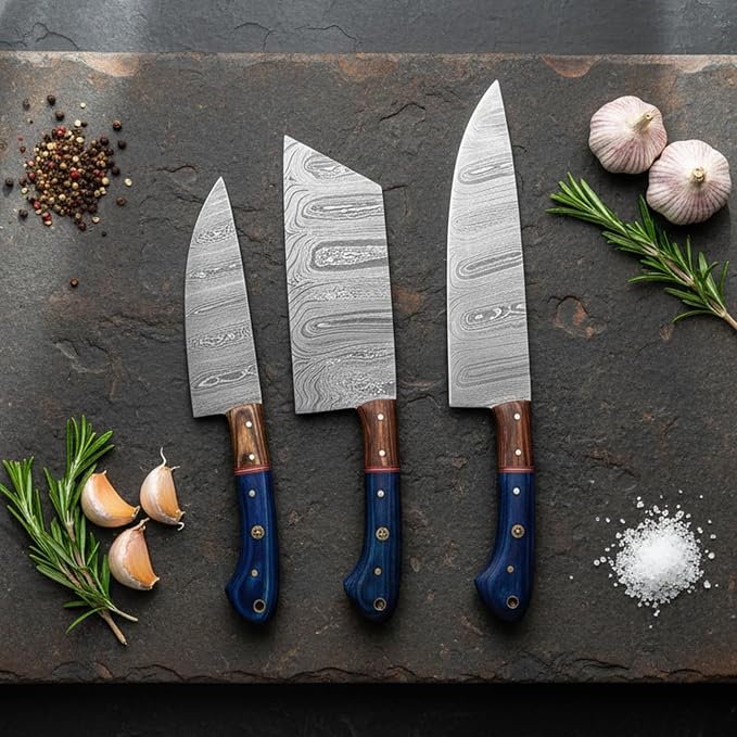 LEONA CRAFT® Custom Handmade Damascus Steel Chef Set Kitchen Knives with Leather Pouch 5 PCS Poplar Home Professional Knife Without Block Cool Blade Wood Handle Utensils Tops Tools Paring Knifes (011)