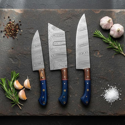 LEONA CRAFT® Custom Handmade Damascus Steel Chef Set Kitchen Knives with Leather Pouch 5 PCS Poplar Home Professional Knife Without Block Cool Blade Wood Handle Utensils Tops Tools Paring Knifes (011)