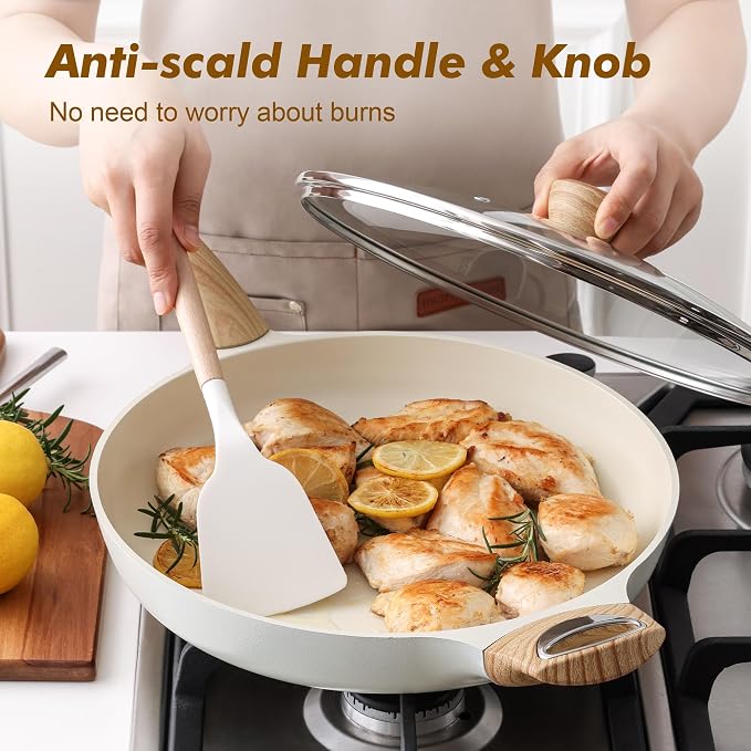SENSARTE Ceramic Nonstick Frying Pan Skillet with Lid 12.5Inch Large Non Stick Non-toxic Healthy Kitchen Cooking Chef's Pan, Free of Intentionally Added PFOA/PFAS/PTFE, Induction Compatible, White