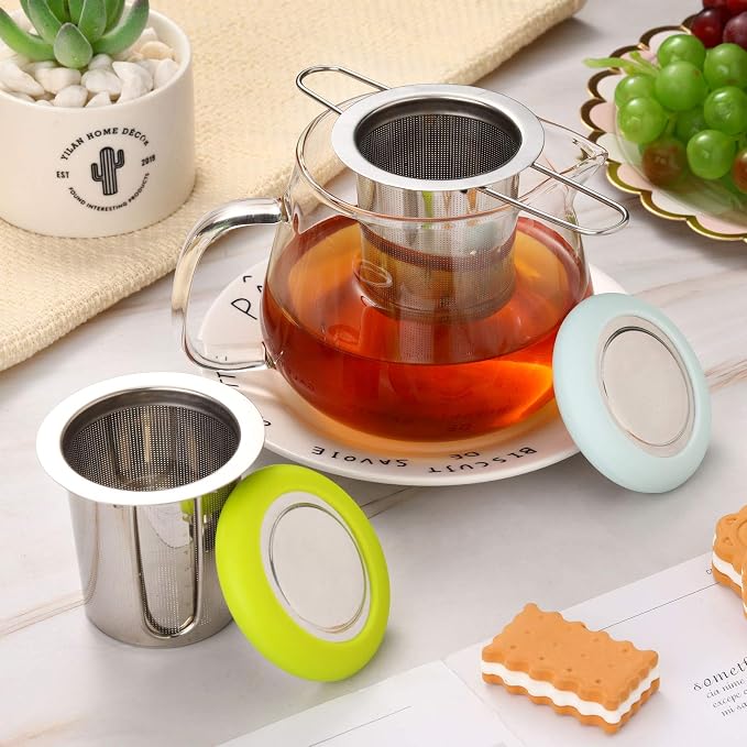 2 Pieces Tea Infusers Stainless Steel Strainer Folding Handle Filter Extra Filter Fine Mesh Strainer Brewing Basket with Lid for Loose Leaf Tea