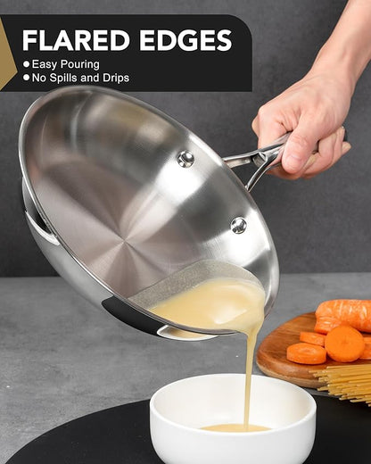 MICHELANGELO Stainless Steel Frying Pan Set with Lid, 8" 10" Cooking Pan set with Triply Base, Stainless Steel Skillet with Ergonomic Handle, Induction Compatible
