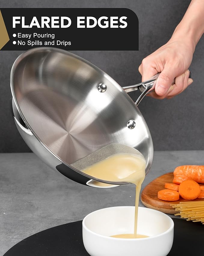 MICHELANGELO Stainless Steel Frying Pan Set, 8" 10" Cooking Pan set with Triply Base, Stainless Steel Skillet with Ergonomic Handle, Induction Compatible