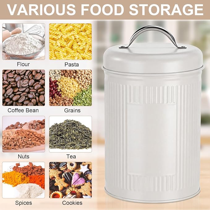 LemonRoad 10 Pack Kitchen Canisters Set Large 48oz Airtight Metal Food Storage Jars with Lids Vintage Farmhouse Coffee Canister Rustic White Pantry Decor for Coffee, Tea, Sugar, Flour, Cookies & Snack