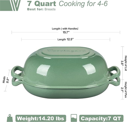 VORRINGARD Enameled Cast Iron Sourdough Bread Oven, Dutch Oven, Loaf Cast Iron Bread Pan for Homemade Bread Baking, Meatloaf Pan with Lid, 7QT, Sage Green