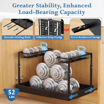 Aisslro Under Sink Organizer, 2 Tier Under the Sink Storage, Expandable Adjustable Slide Out Pull Out Under Cabinet Organizers Shelf, for Kitchen Bathroom Pantry Closet Organization, Black