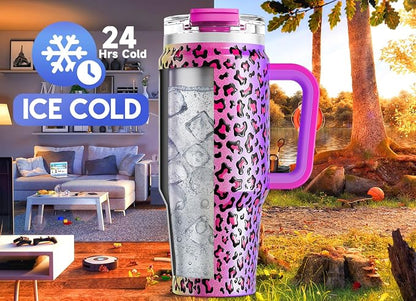 Meoky 32 oz Tumbler with Handle, Insulated Tumbler with Lid and Straw, Stainless Steel Travel Mug, Keeps Cold for 24 Hours, 100% Leak Proof, Fits in Car Cup Holder (Celebration)