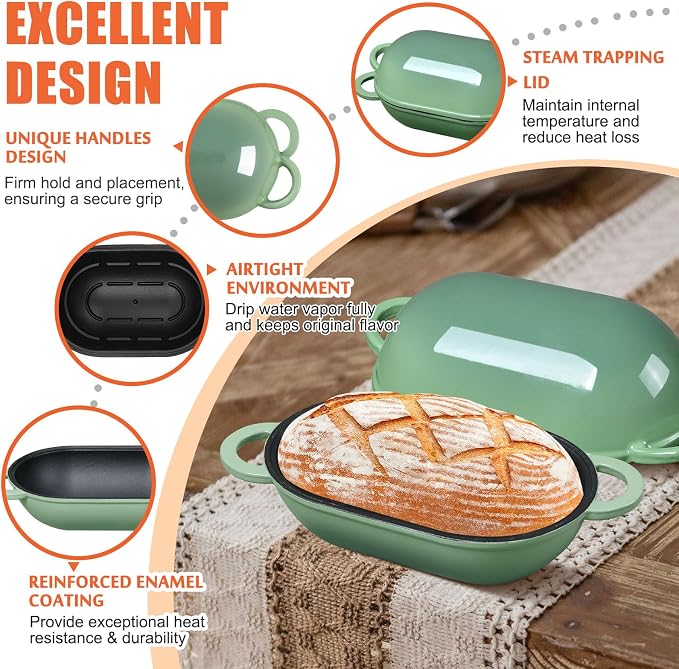 Enameled Cast Iron Sourdough Bread Oven, 2.5 QT Loaf Cast Iron Bread Pan with Lid, Oval Dutch Oven for Homemade Bread Baking, Meatloaf Pan with Lid (Fig Green)