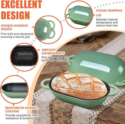 Enameled Cast Iron Sourdough Bread Oven, 2.5 QT Loaf Cast Iron Bread Pan with Lid, Oval Dutch Oven for Homemade Bread Baking, Meatloaf Pan with Lid (Fig Green)