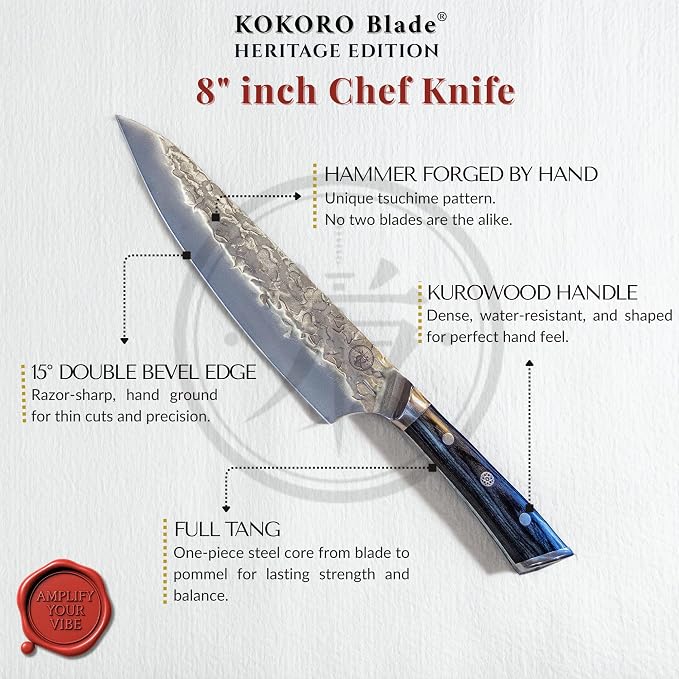 8” Professional Chef Knife – Hand Forged Kitchen Knife with Dark Wood Handle, Full Tang, Razor Sharp, Balanced – from British Fusion Atelier KOKORO – A Thoughtful Gift for Cooks
