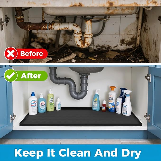 URMONA 25'' x 22'' Waterproof Silicone Under Sink Mat Cabinet and Counter Protector, Shelf Liner for Kitchen and Bathroom, Storage and Organizers, Litter Mat, Pet Cat Puppy Essentials（Charcoal）