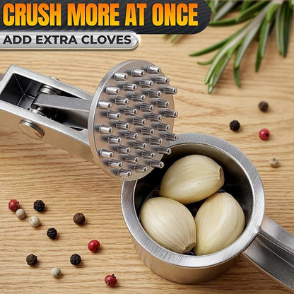 Metal Garlic Press - Ginger Mincer with 37 Built-In Studs for Maximum Extraction, Garlic Crusher for Ginger and Soft Nuts, Rust-Resistant, Ergonomic Handle, No Peel Needed, Hand Wash Only, Silver