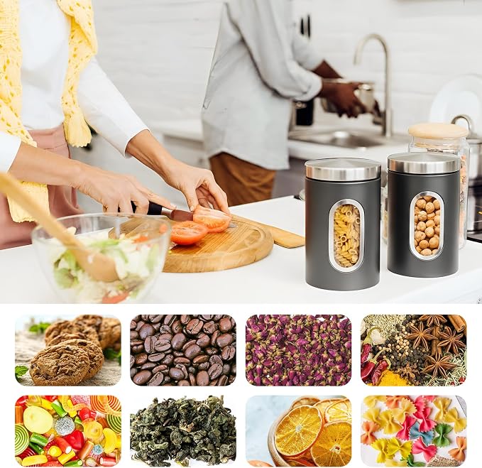 Zopeal 6 Pack Graphite Canisters Sets for Kitchen 50oz Stainless Steel Kitchen Canisters with Transparent Windows Flour Sugar Container Metal Jar Countertop Set for Coffee Tea Decorative