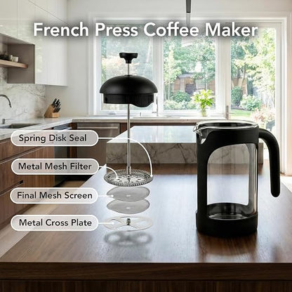 OVENTE French Press Coffee Maker 20 Ounce with Heat Resistant Borosilicate Glass & Stainless Steel 4-Level Filtration System, Portable Cold Brew Coffee Maker for Travel, Camping or Gift, Black FPB20B