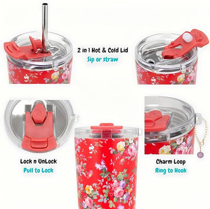 Drinco - 20 oz Stainless Steel Tumbler | Double Walled Vacuum Insulated Mug With Lid, 2 Straws, For Hot & Cold Drinks (20oz Peony Floral)