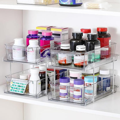 2 Set, 2 Tier Clear Organizer with Dividers for Cabinet, Shlef, Counter - MultiUse Slide-Out Storage Container - Kitchen, Pantry, Medicine Cupboard Bins, Bathroom, Vanity Makeup, Under Sink Organizing