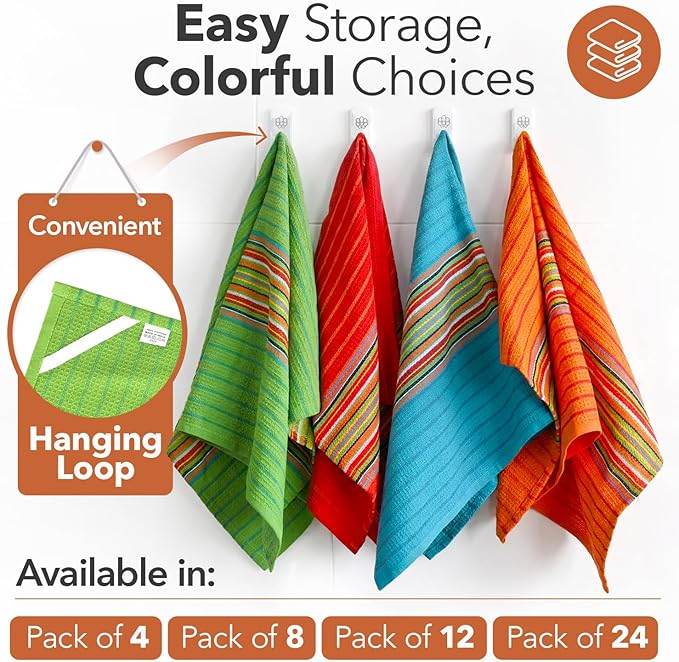 TEXAS LINEN CO. Kitchen Dish Towels, 100% Cotton Salsa Towels, Set of 12 (16x28 Inches), Multi Purpose Cooking Drying Restaurant Bar Cleaning Cloth Napkin, Highly Absorbent, Lint Free, Multi-Color
