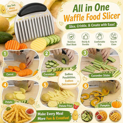 JAYVAR Large Crinkle Cutter French Fry Cutter, Large Crinkle Potato Slicer Wavy Chopper, Stainless Steel Wavy Slicer Crinkle Cutting Chopping Tools with Handle for Carrot Vegetable