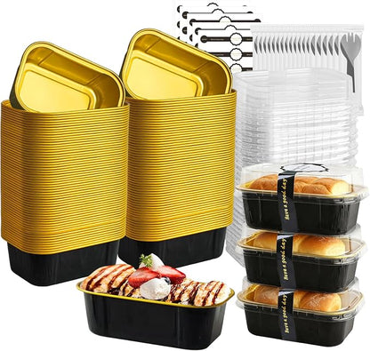 Mini Cake Pans With Lids And Spoons,5.5 oz Rectangle Mini individual Loaf Pans Disposable Aluminum Foil Small Baking Cups Tins (200, Black)