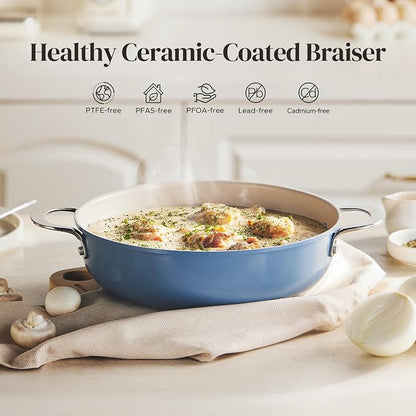 Redchef Stock Pot with Lid, Ceramic Soup Pot 4 Quart, Nonstick Stockpot Cooking Pot for Stews, Induction Braiser Rondeau Pot, Even Heating, Stay Cool Handle, Oven/Dishwasher Safe, PFAS Free (Blue)