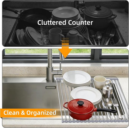 Roll Up Dish Drying Rack Over Sink, 17" x 15.7", Stainless Steel with Non-Slip Silicone Ends, Gray