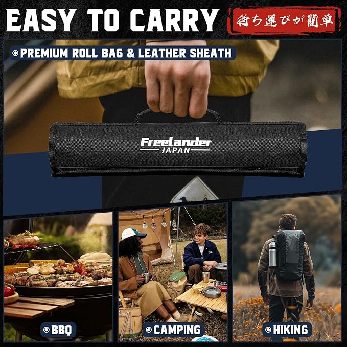 Freelander 3PCS Butcher Knife Set for Meat Cutting, Sharp Chef Knife Set Dishwasher Safe with Roll Bag, Full Tang BBQ Knifes with Leather Sheath, Gifts for Men Women