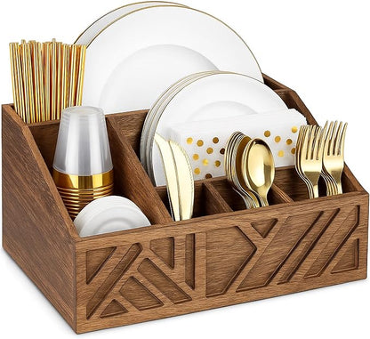 Paper Plate Dispenser |Paper Plate Holders For Kitchen Counter |Wooden Utensil Holder Silverware Organizer |Cutlery Flatware Organizer Box For Cups, Plates, Cutlery,Kitchen Accessories