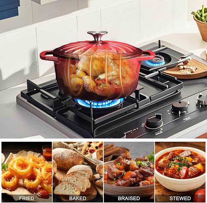 Enameled Cast Iron Dutch Oven Pot with Lid, 3 QT Dutch Oven for Bread Baking, Heavy Duty Cast Iron Pot for Braising, Cook, Bake, Oven Safe across All Cooktops (Red,3 QT)