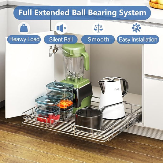 ROOMTEC Pull Out Cabinet Organizer, Cabinet Pull Out Shelves 25½" W x 21½" D, Heavy Duty Cabinet Drawers Slide Out Kitchen Cabinet Organizers Storage Shelf