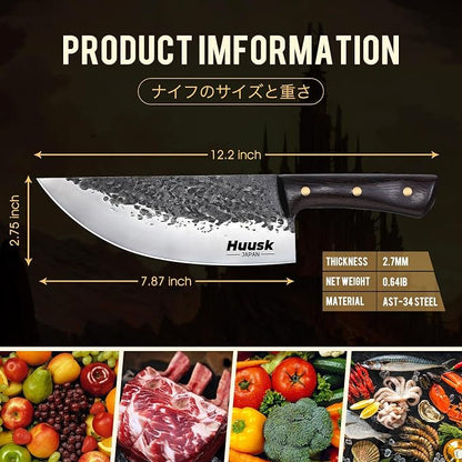 Huusk Butcher Knife for Meat Cutting, Hand Forged Meat Cleaver Knife, Outdoor Cooking Knives for Men, Gifts for Men